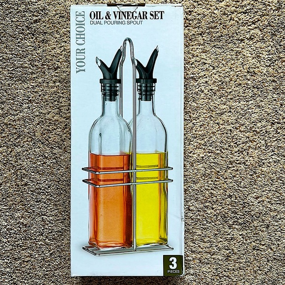 Royal Other - Royal Oil and Vinegar NIB 3 Piece Set with Dual Pouring Spouts and Metal Holder